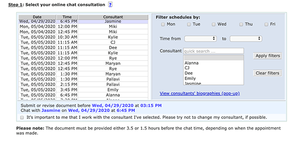 select your online chat consultation