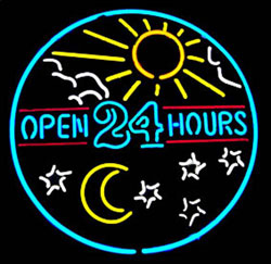 neon sign saying "Open 24 hours"
